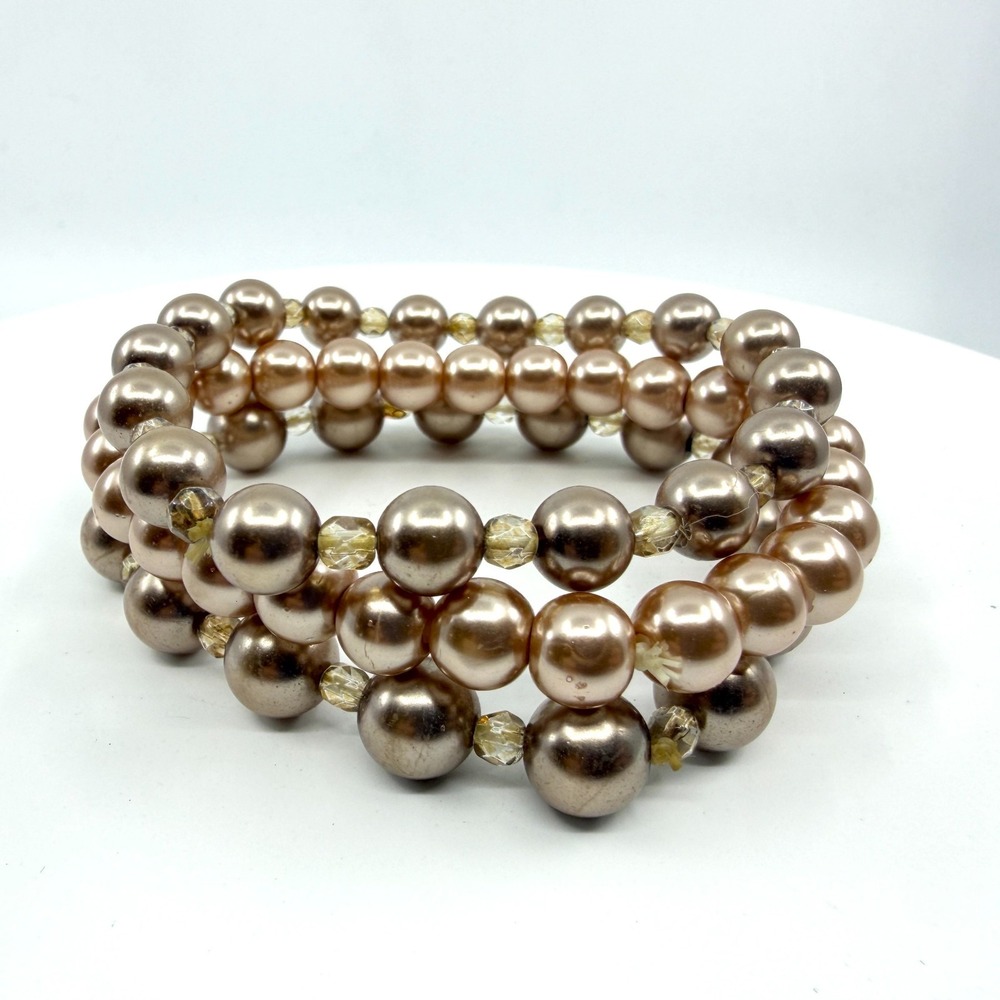 Champagne Faux Pearl Stretch Multi-Strand Bracelet Stack Jewelry 7in